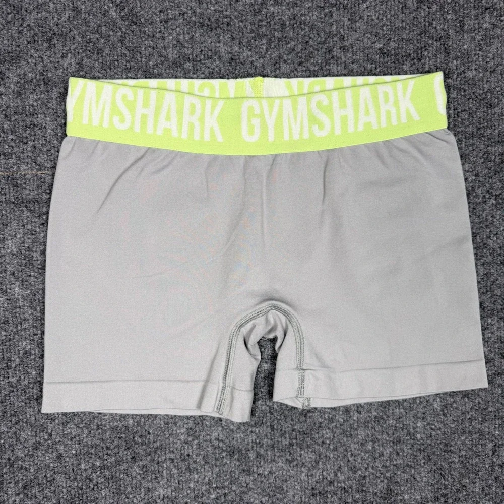 Gymshark Womens Compression Shorts Grey Neon‎ Green Logo Waistband